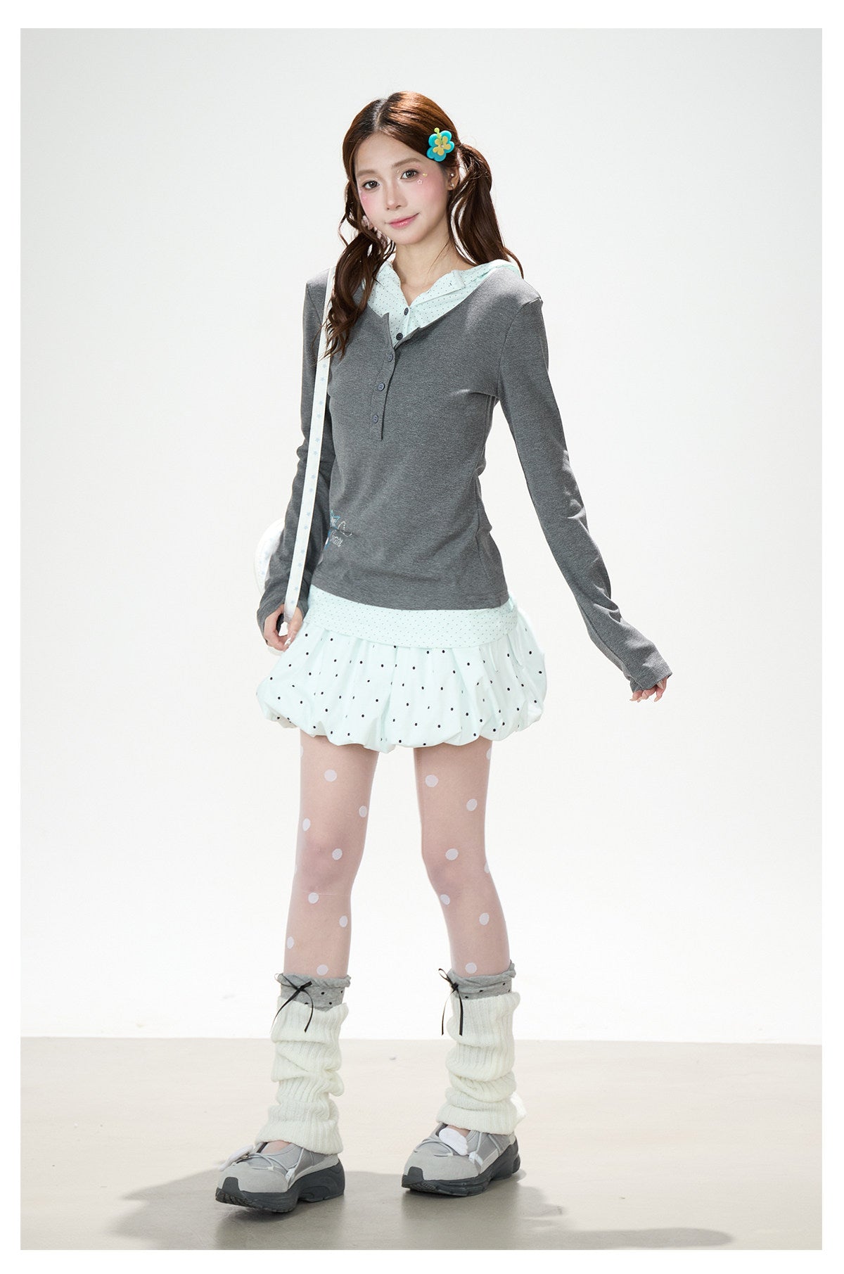 Polka Dot Layered Hooded Long Sleeve Top & Lace-Trim Bubble Mini Skirt