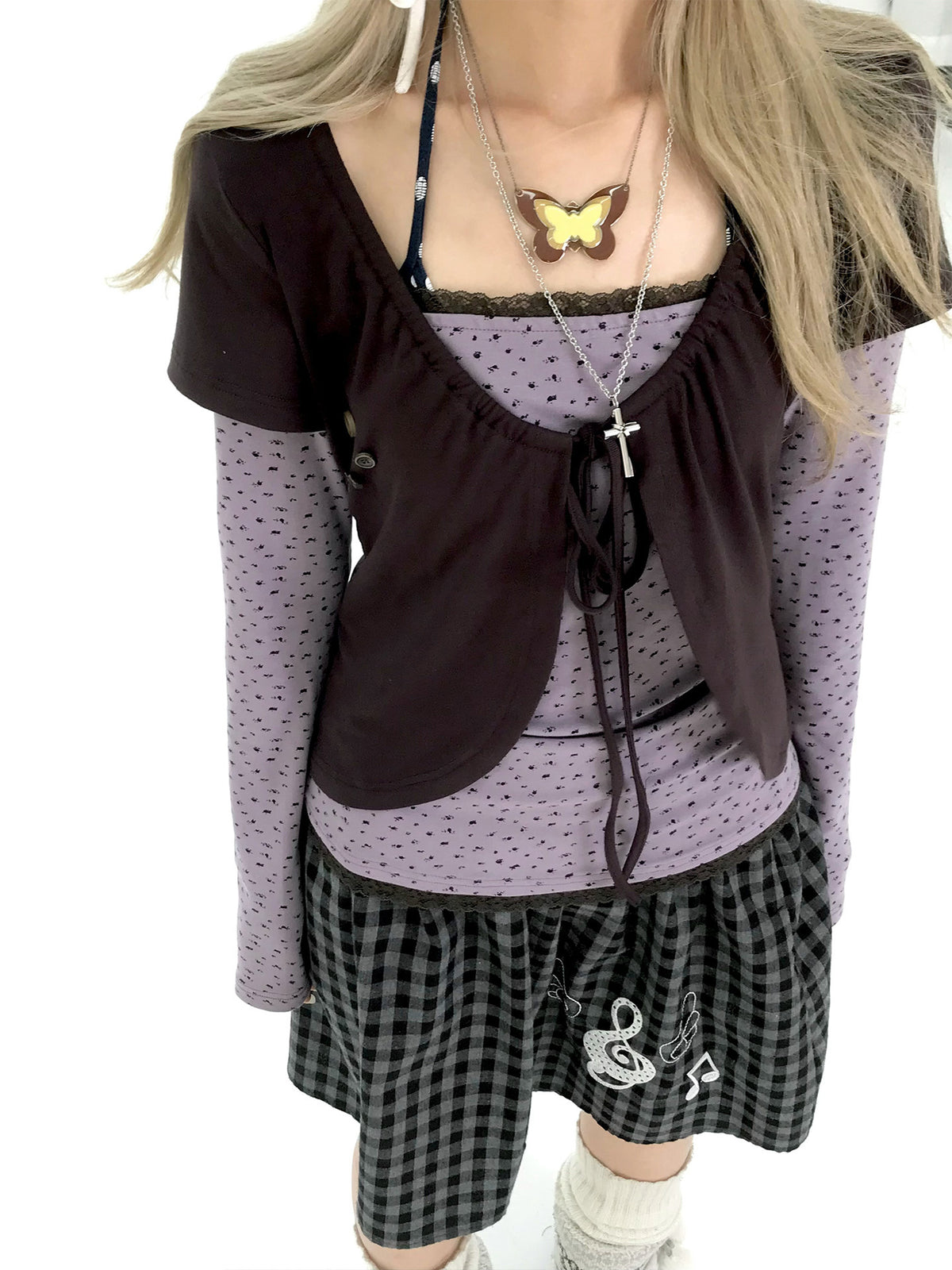 Striped Polka Dot Faux-Layered Button Long Sleeve Top