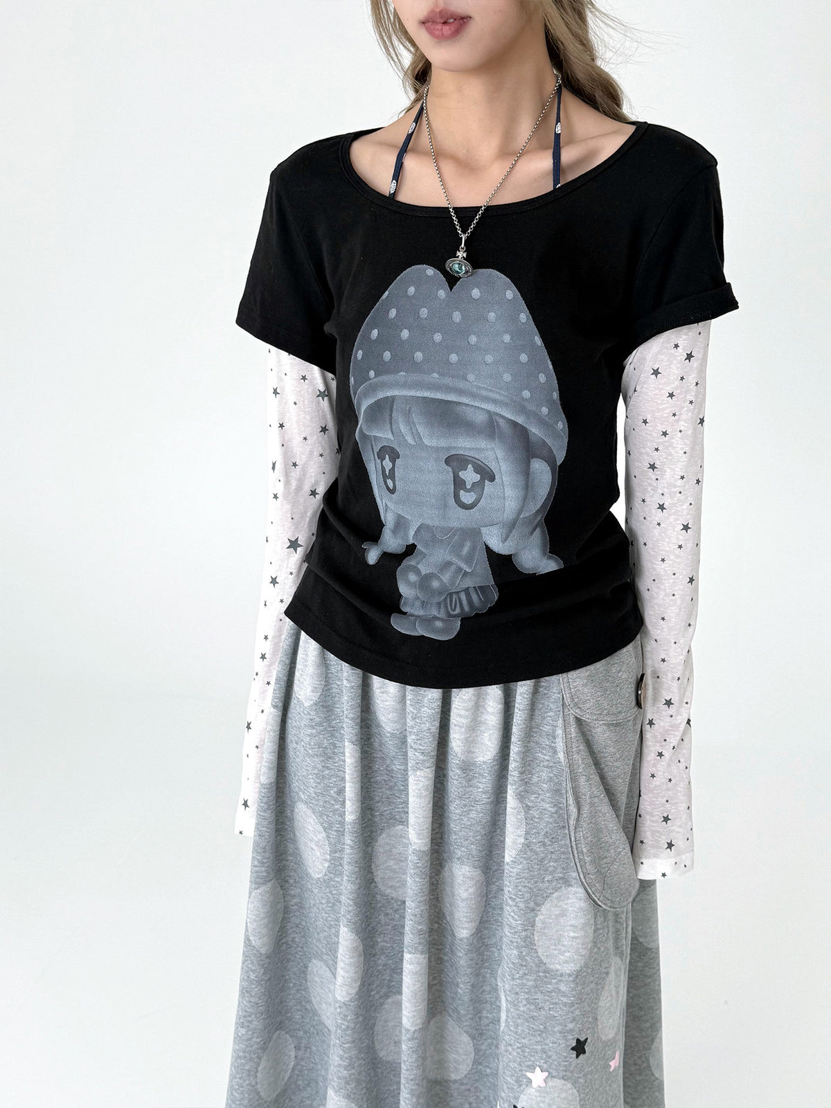 Mushroom Girl Star Faux-Layered Long Sleeve Tee