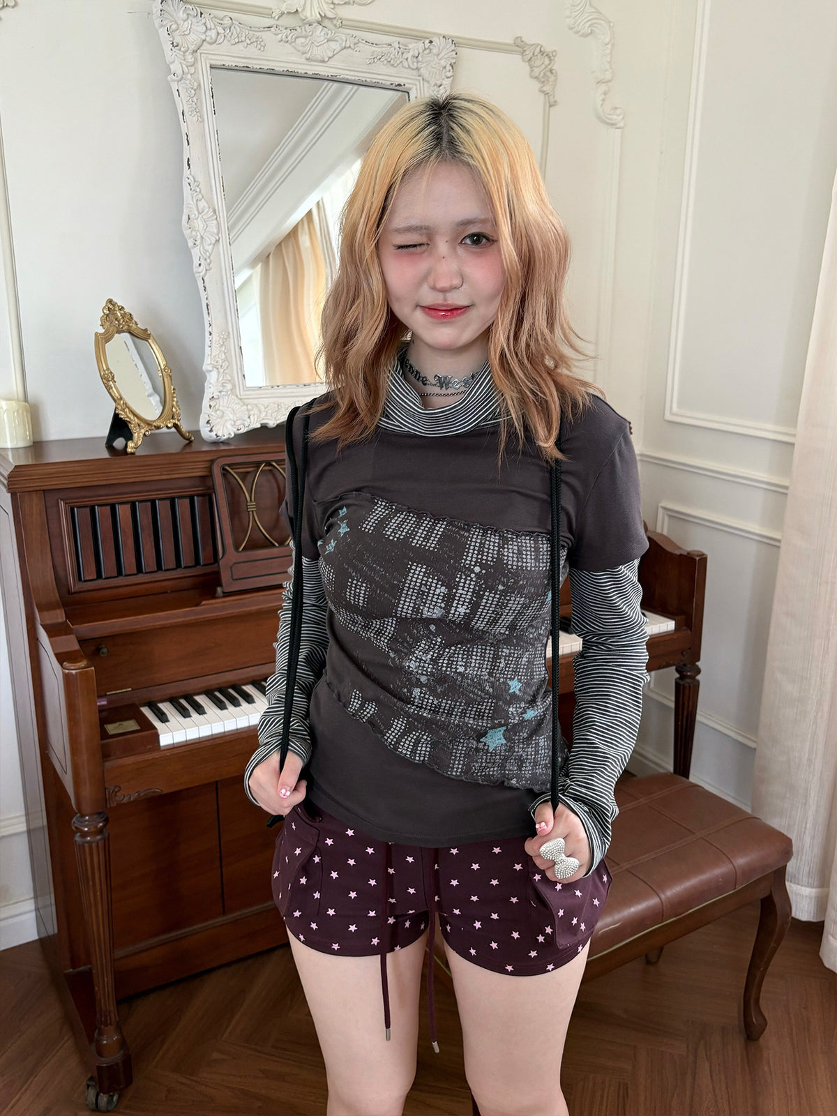 Striped Mock Neck Faux-Layer Graphic Long Sleeve Top