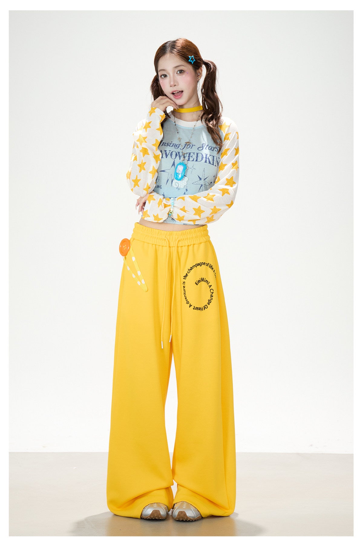 Star Graphic Contrast Raglan Long Sleeve Top & Yellow Wide-Leg Pants