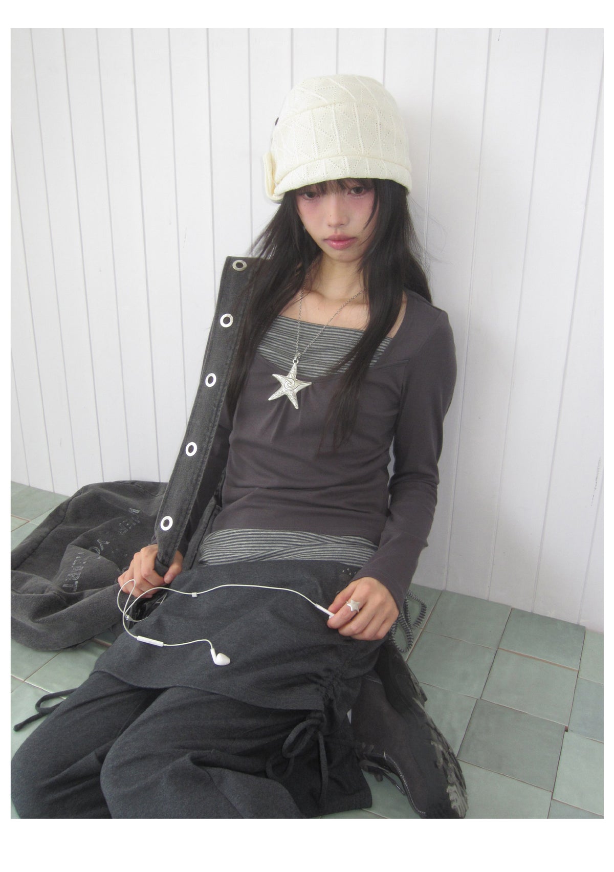 Striped Square-Neck Faux-Layer Drawstring Long Sleeve Top
