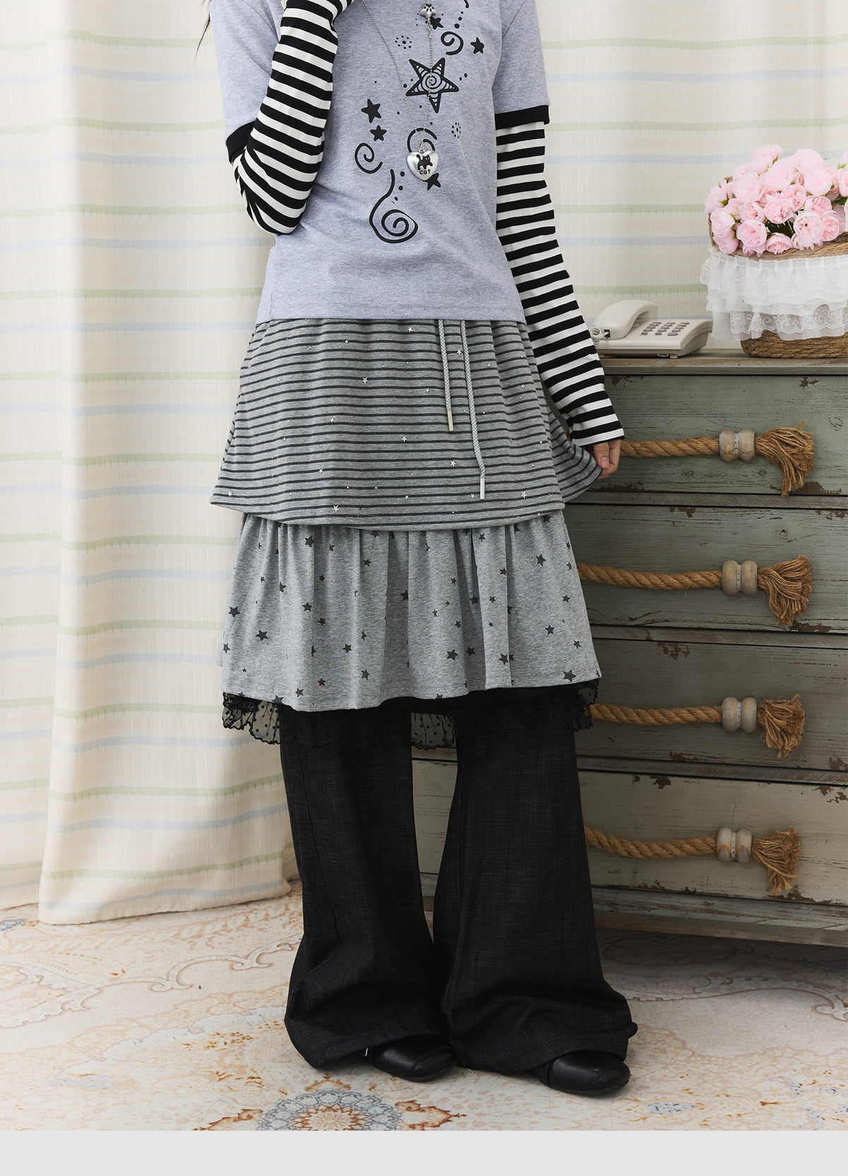 Star Stripe Layered Skirt Wide-Leg Pants