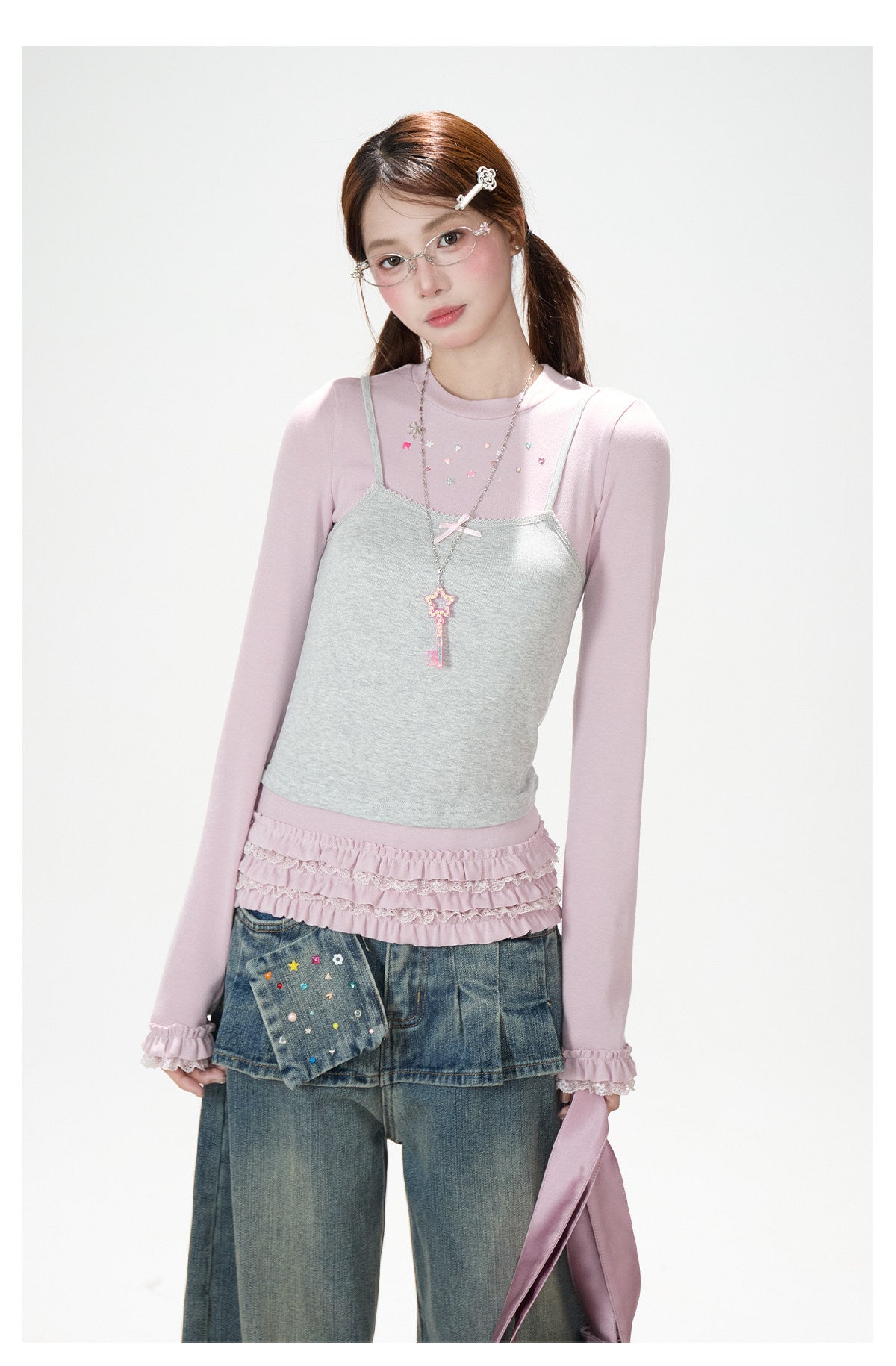 Gray-Pink Faux-Layered Lace Ruffle Long Sleeve Top