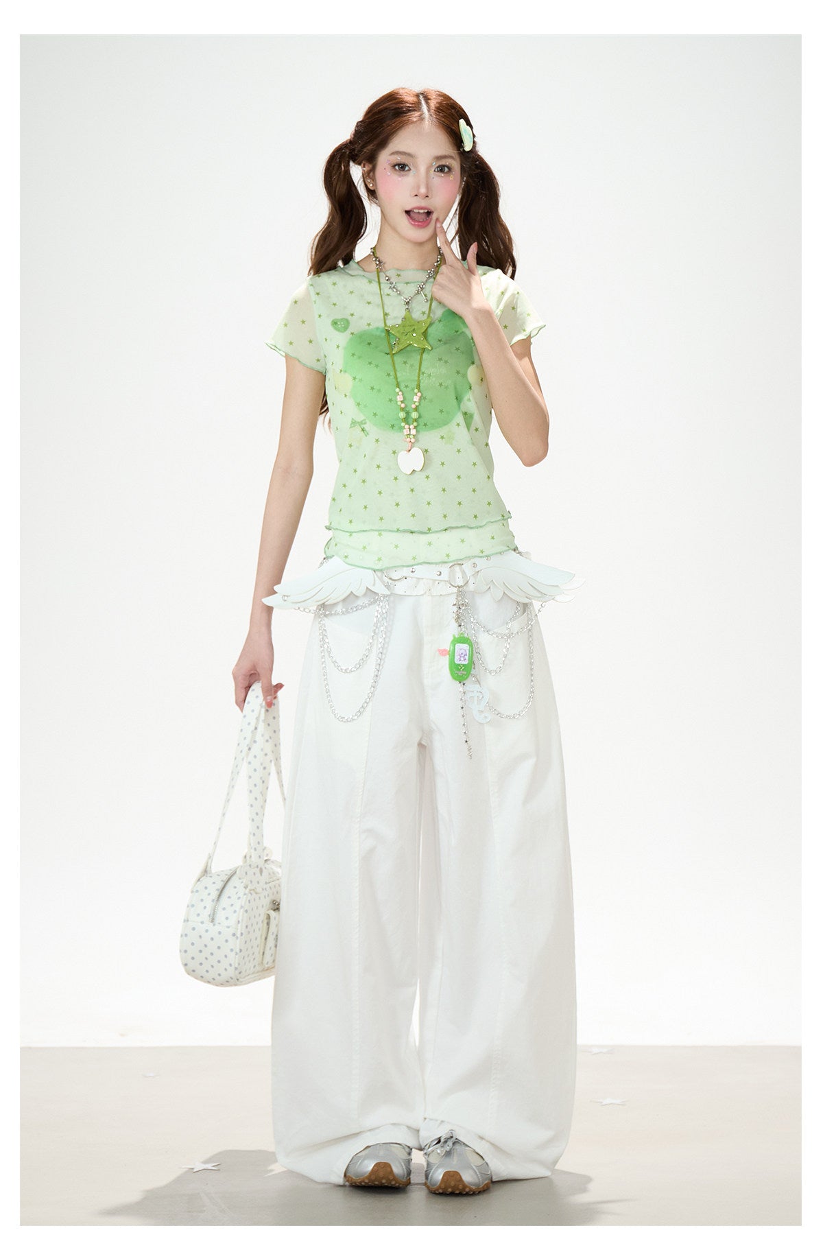 Star Mesh Baby Tee & White Wide-Leg Pants