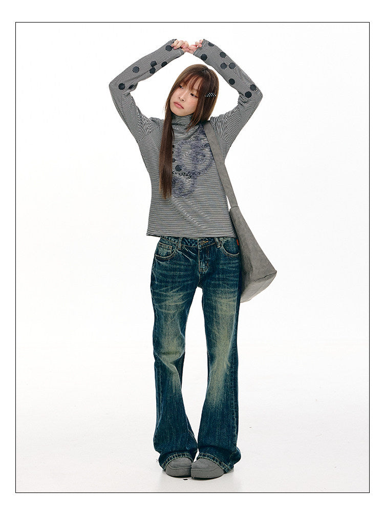 Lace Music Note Appliqué Mock Neck Long Sleeve Top