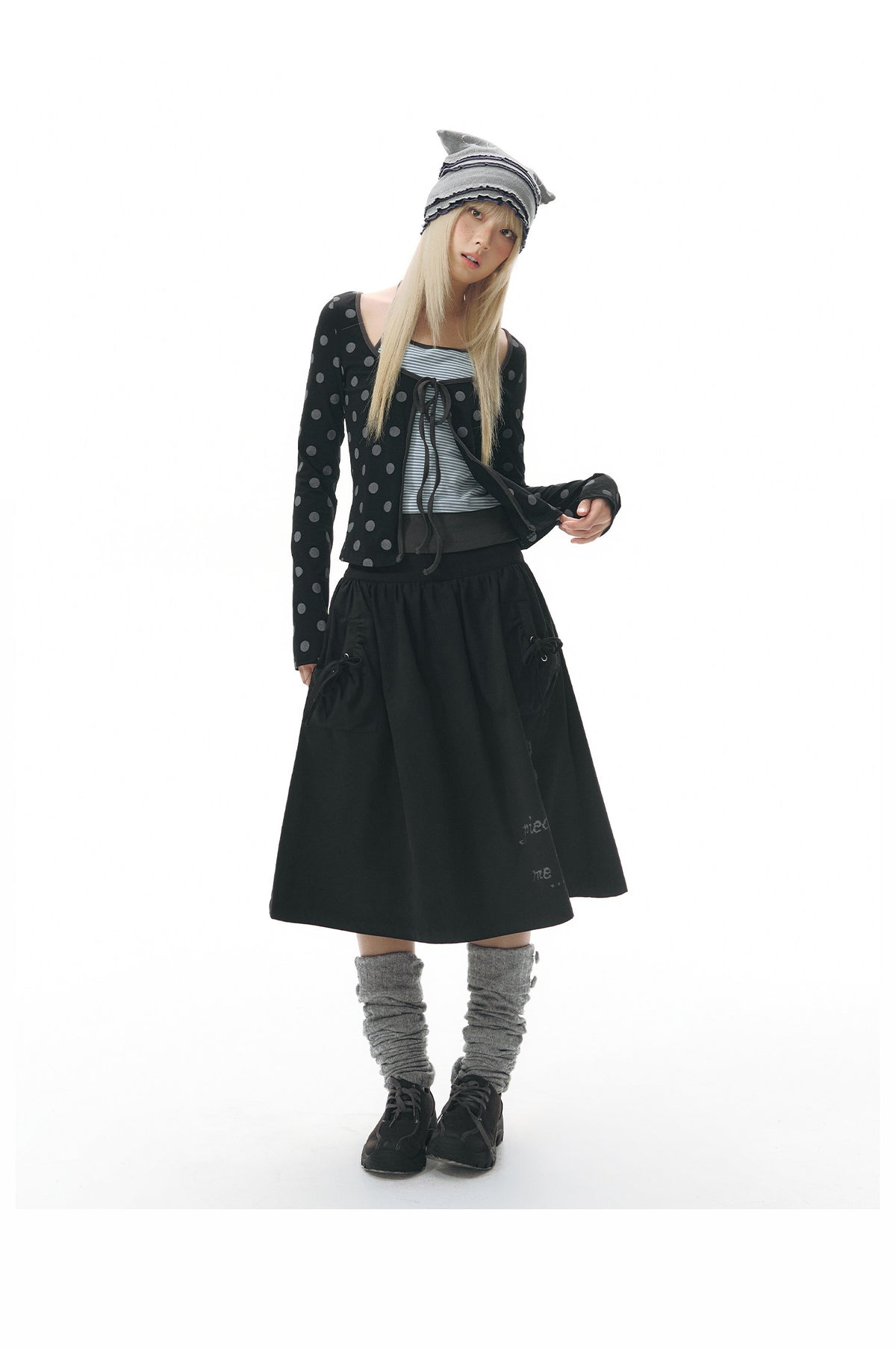 Polka Dot Tie-Front Layered Halter Long Sleeve Top
