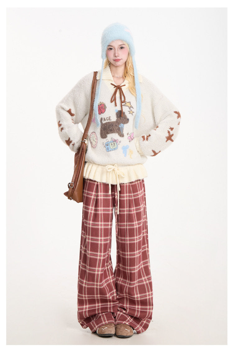 Puppy Graphic Bow-Collar Oversized Knit Sweater