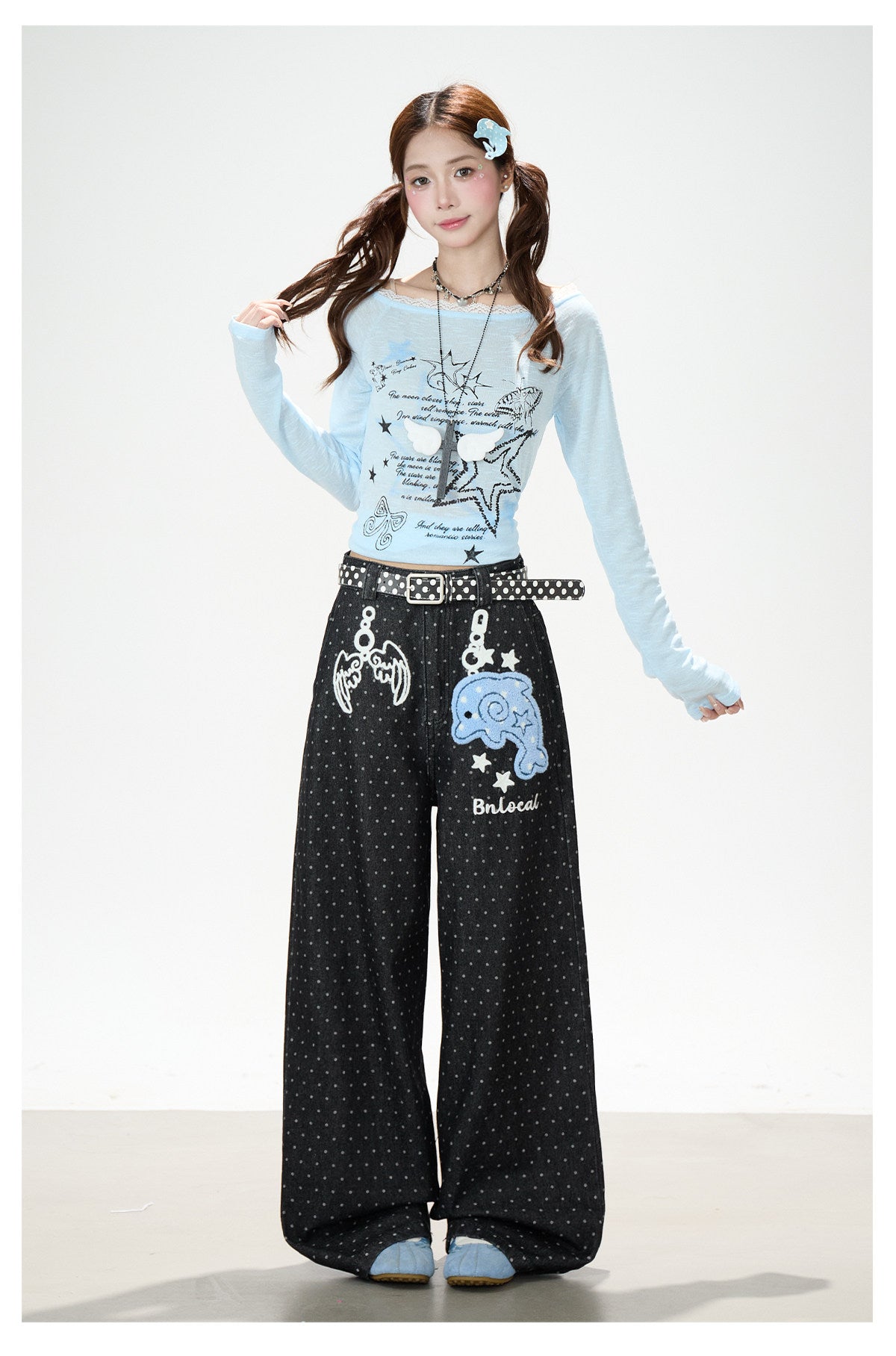 Dolphin Embroidered Polka Dot Wide-Leg Jeans