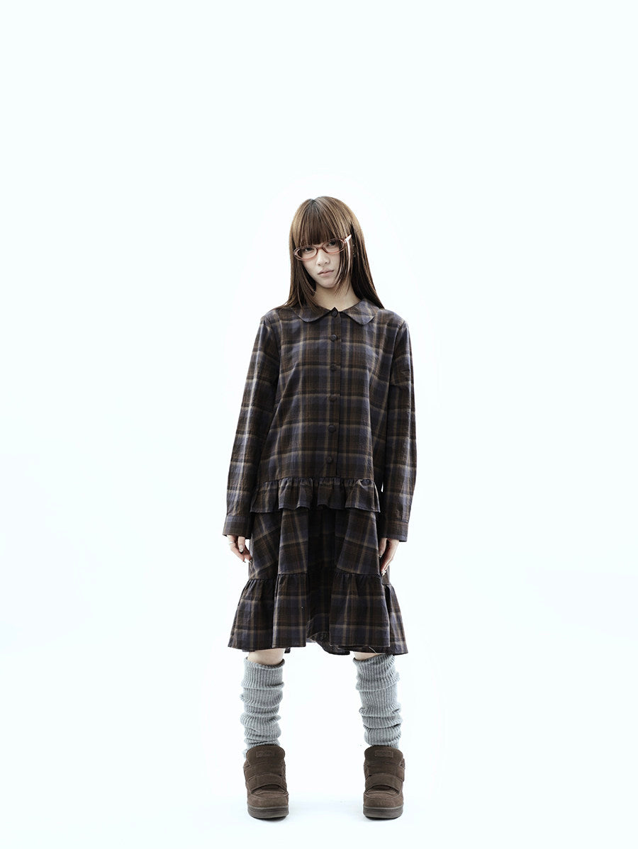 Plaid Ruffle-Hem Long Sleeve Shirt Dress