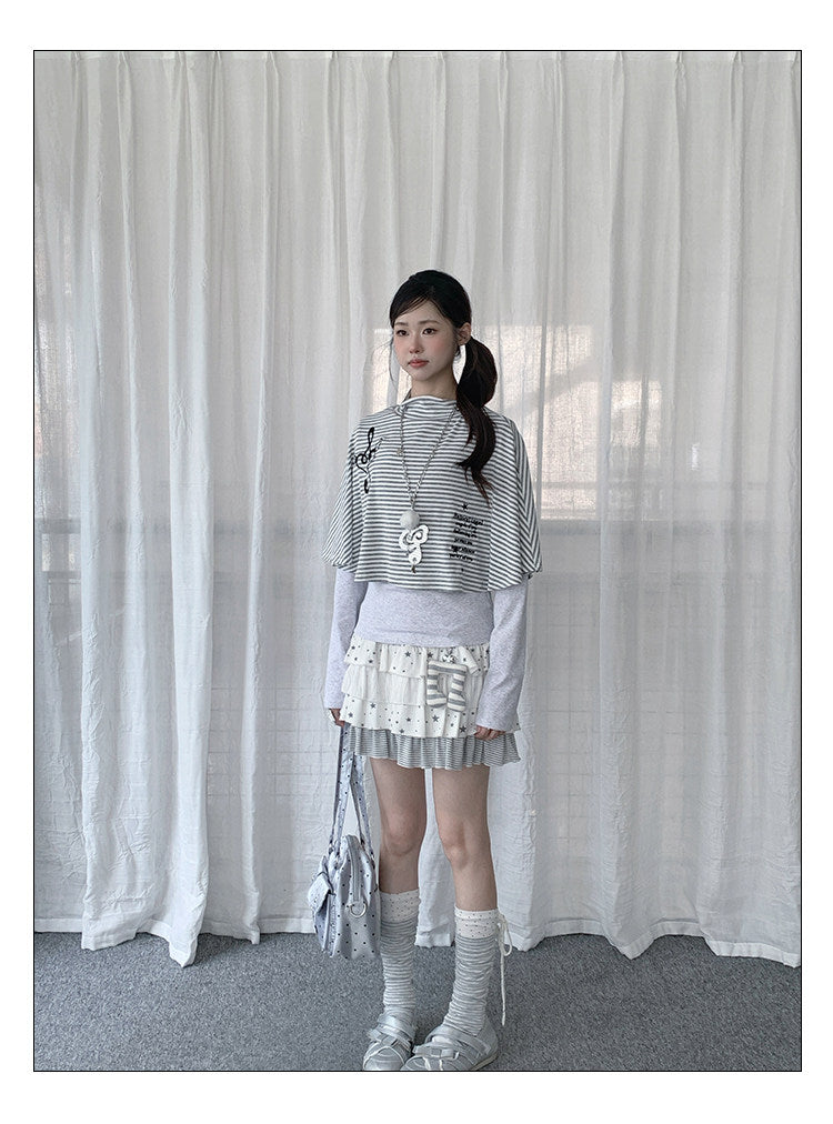 Music Note Striped Cape-Layered Long Sleeve Top