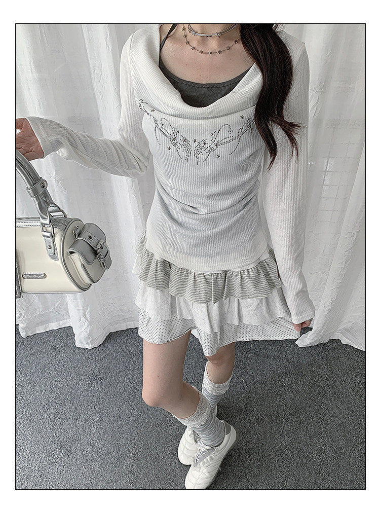 Rhinestone Cowl-Neck Layered Long Sleeve Top