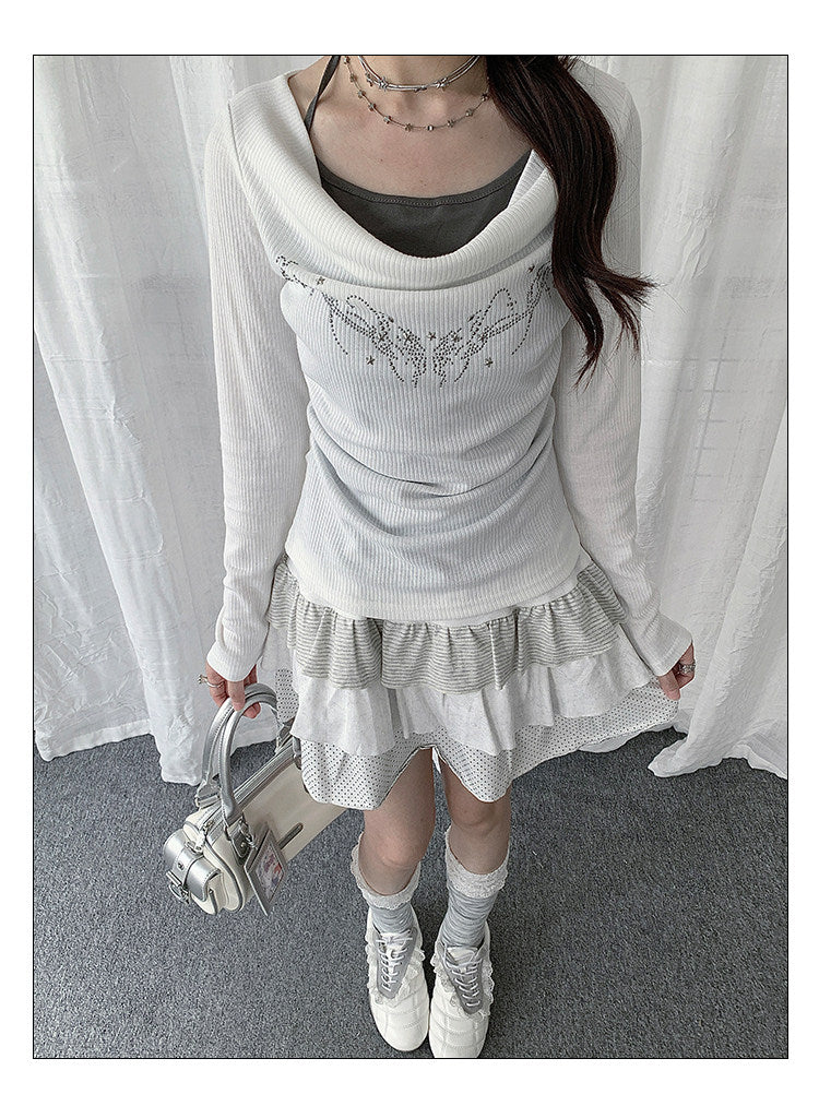 Rhinestone Cowl-Neck Layered Long Sleeve Top