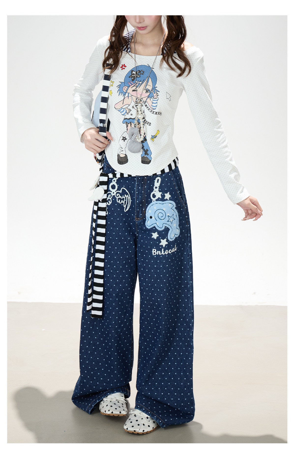 Dolphin Embroidered Polka Dot Wide-Leg Jeans