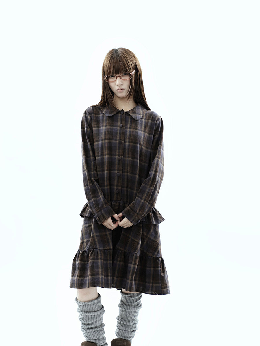 Plaid Ruffle-Hem Long Sleeve Shirt Dress