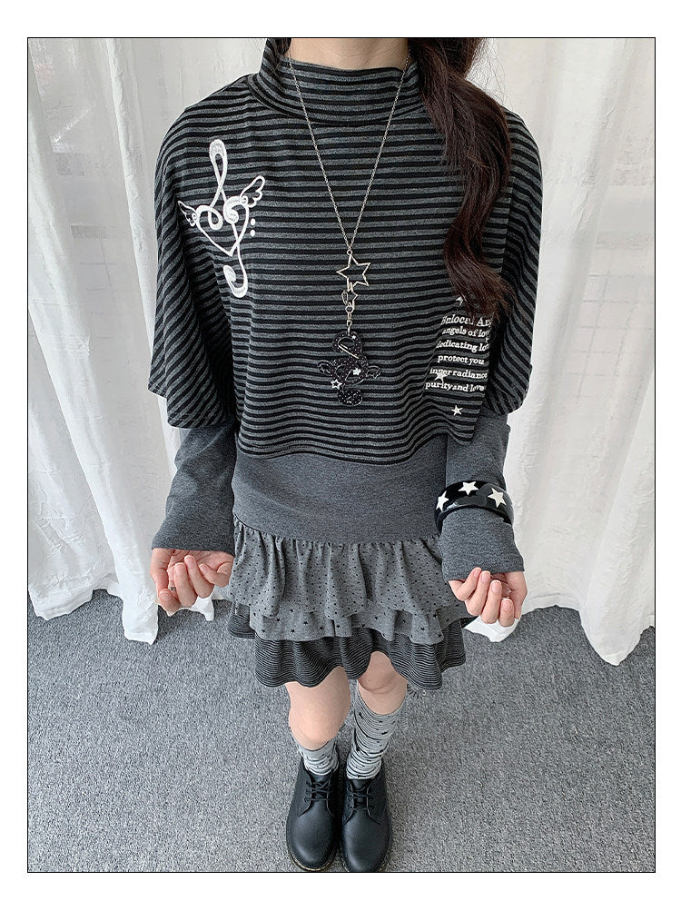 Music Note Striped Cape-Layered Long Sleeve Top