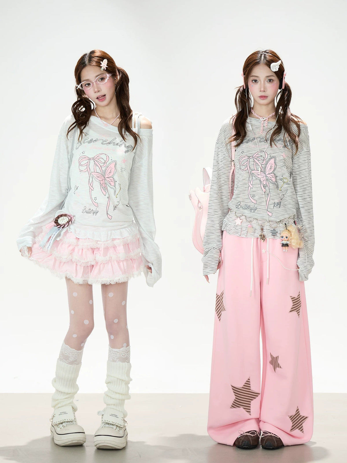 Bow Stripe Off-Shoulder Long Sleeve Top & Pink Wide-Leg Pants