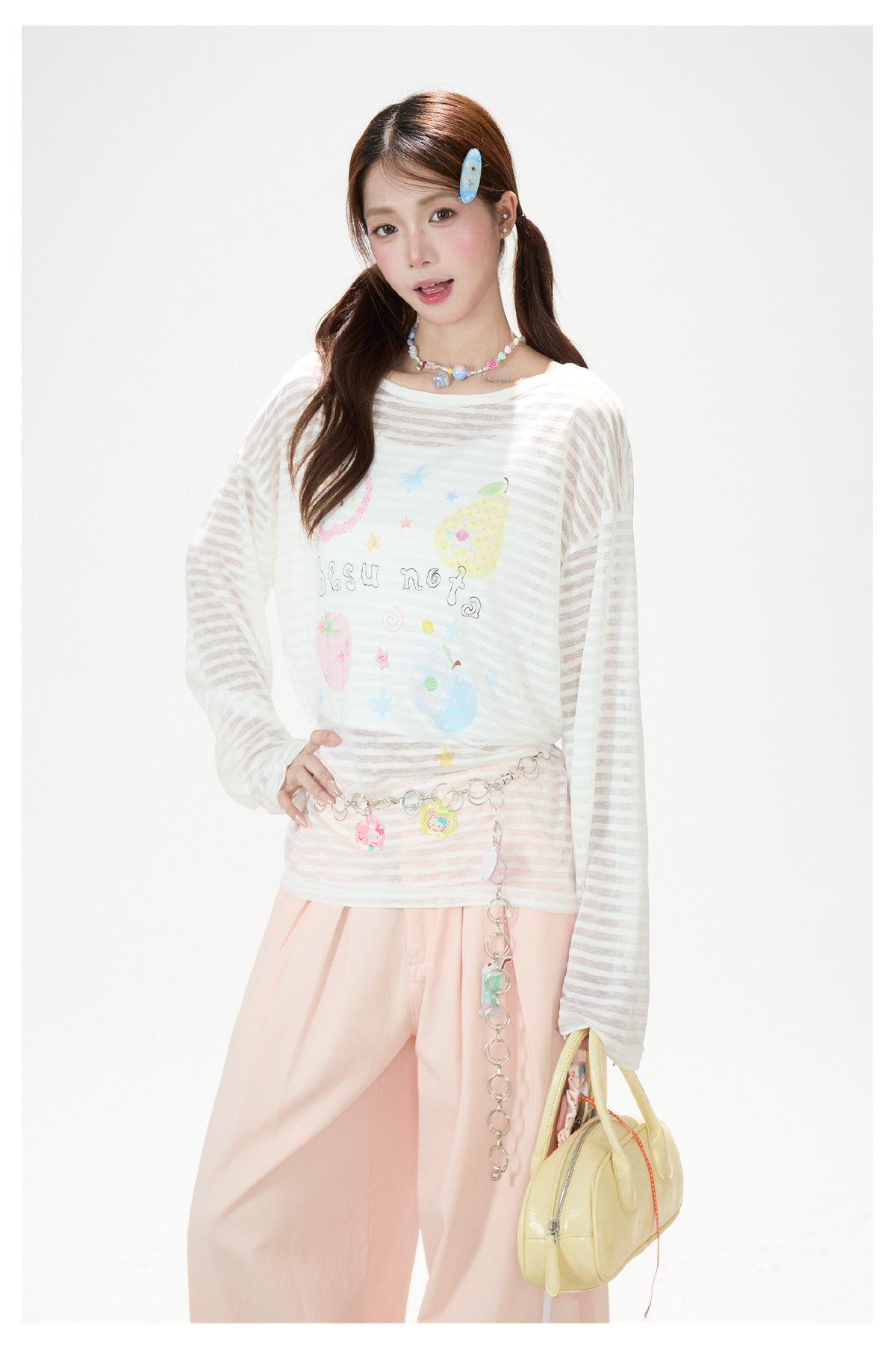 Playful Stripe Graphic Sheer Long Sleeve Top & Pink Wide-Leg Pants