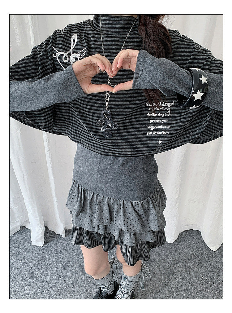Music Note Striped Cape-Layered Long Sleeve Top