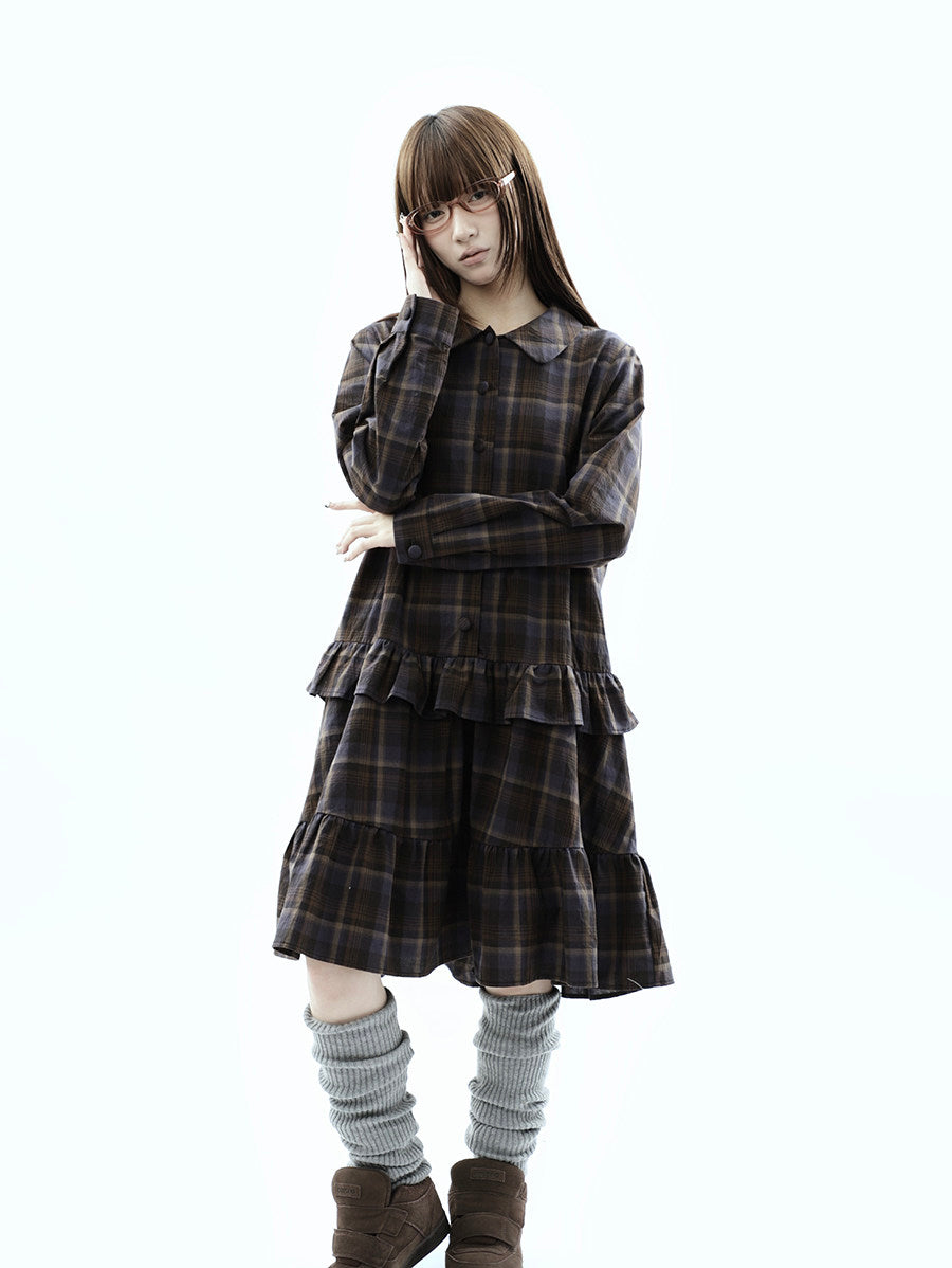 Plaid Ruffle-Hem Long Sleeve Shirt Dress