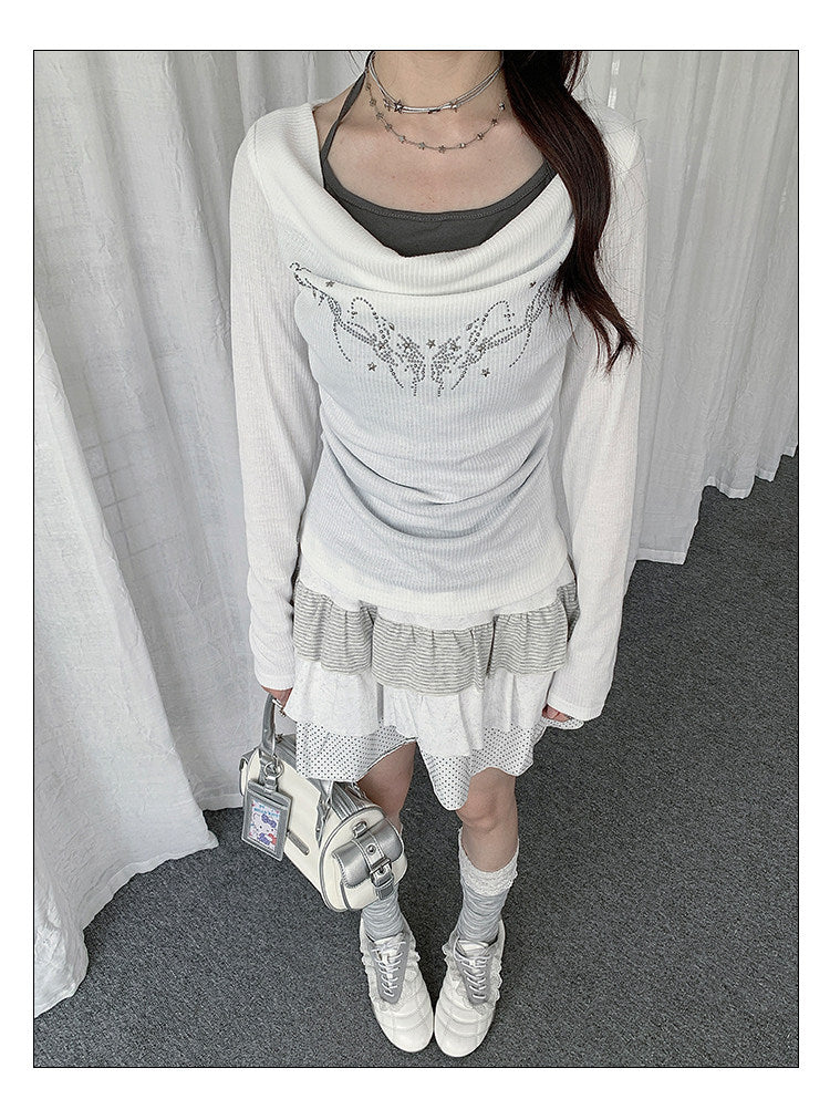 Rhinestone Cowl-Neck Layered Long Sleeve Top