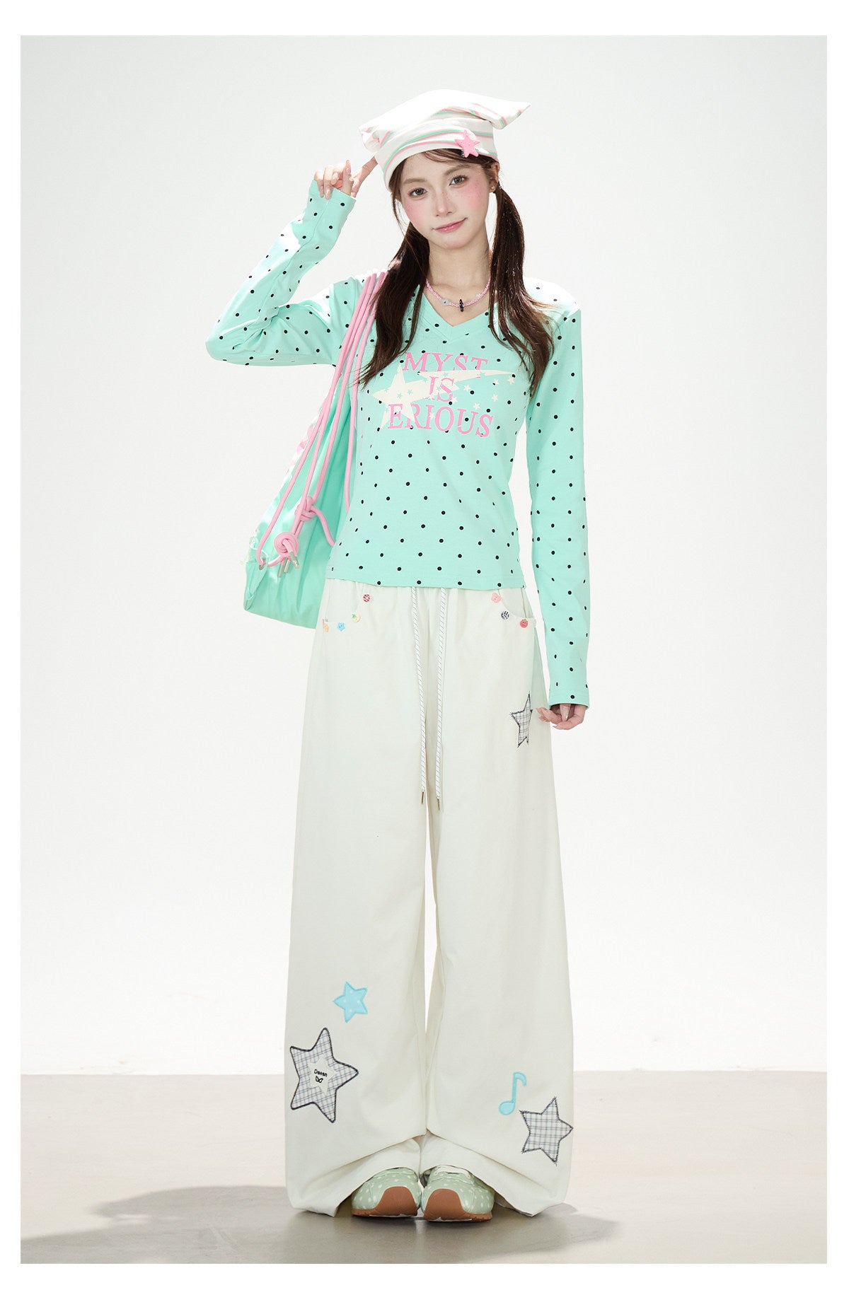 Polka-Dot V-Neck Long Sleeve Top & Star Music Note Wide-Leg Pants