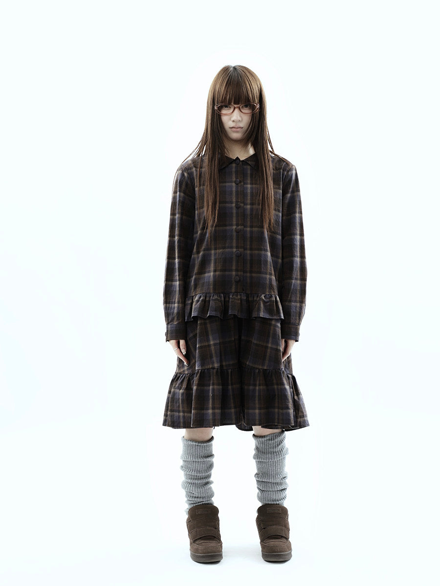 Plaid Ruffle-Hem Long Sleeve Shirt Dress