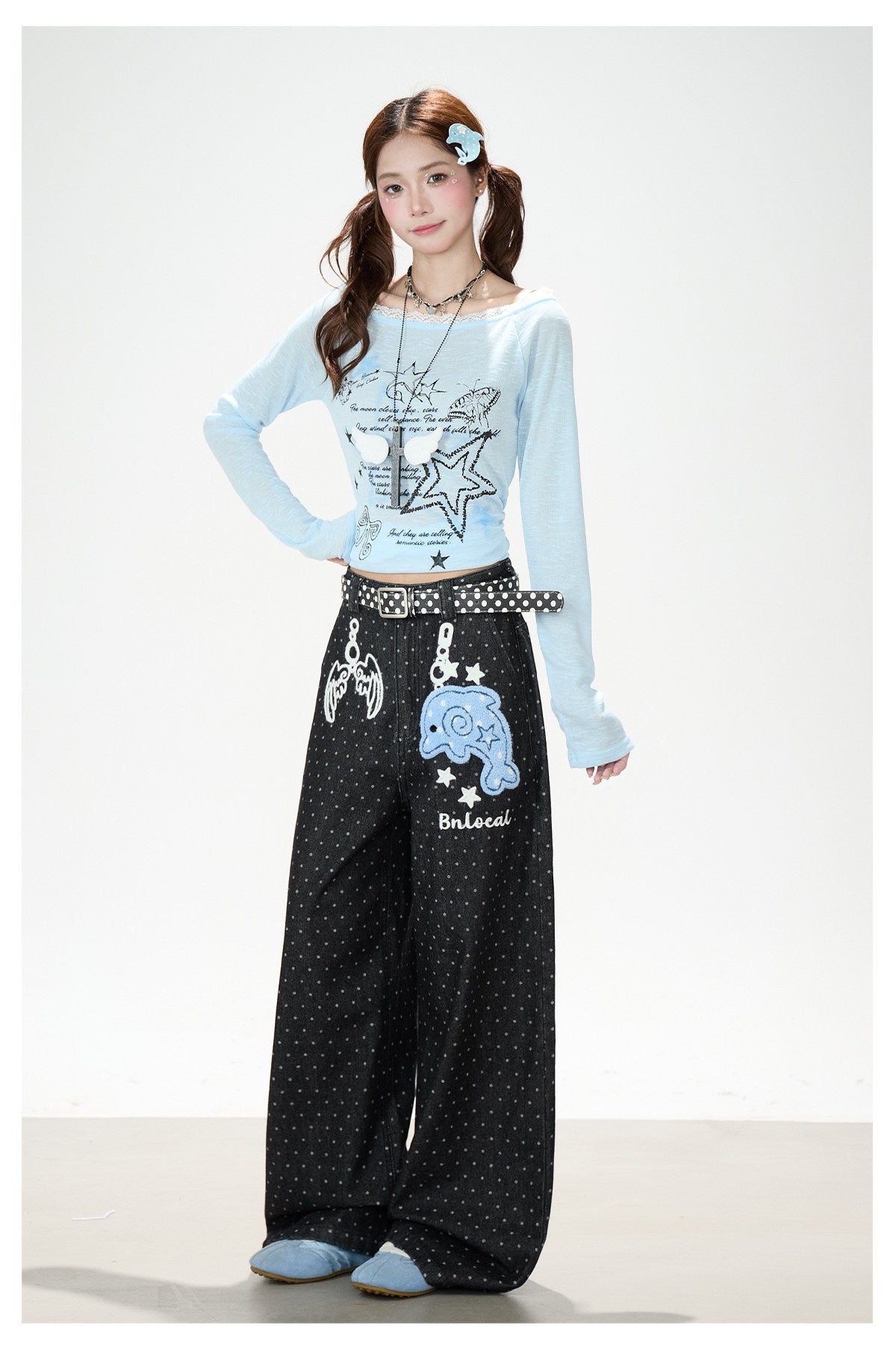 Dolphin Embroidered Polka Dot Wide-Leg Jeans