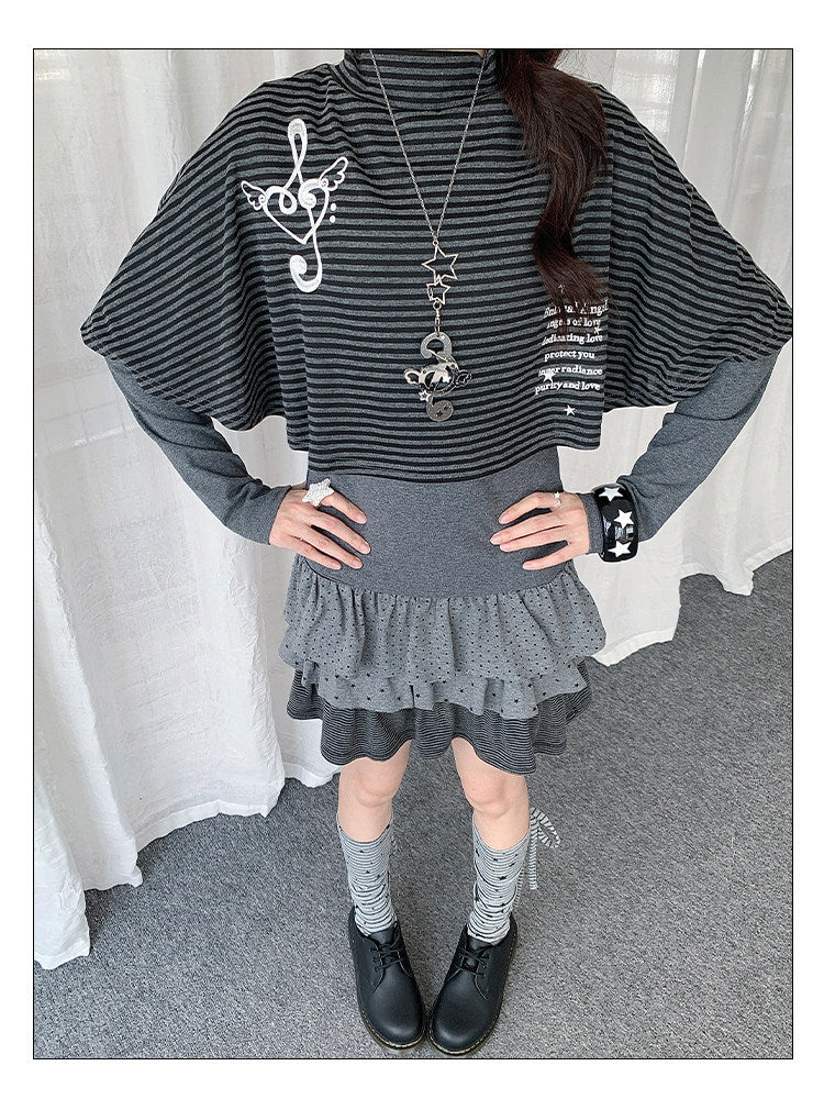 Music Note Striped Cape-Layered Long Sleeve Top