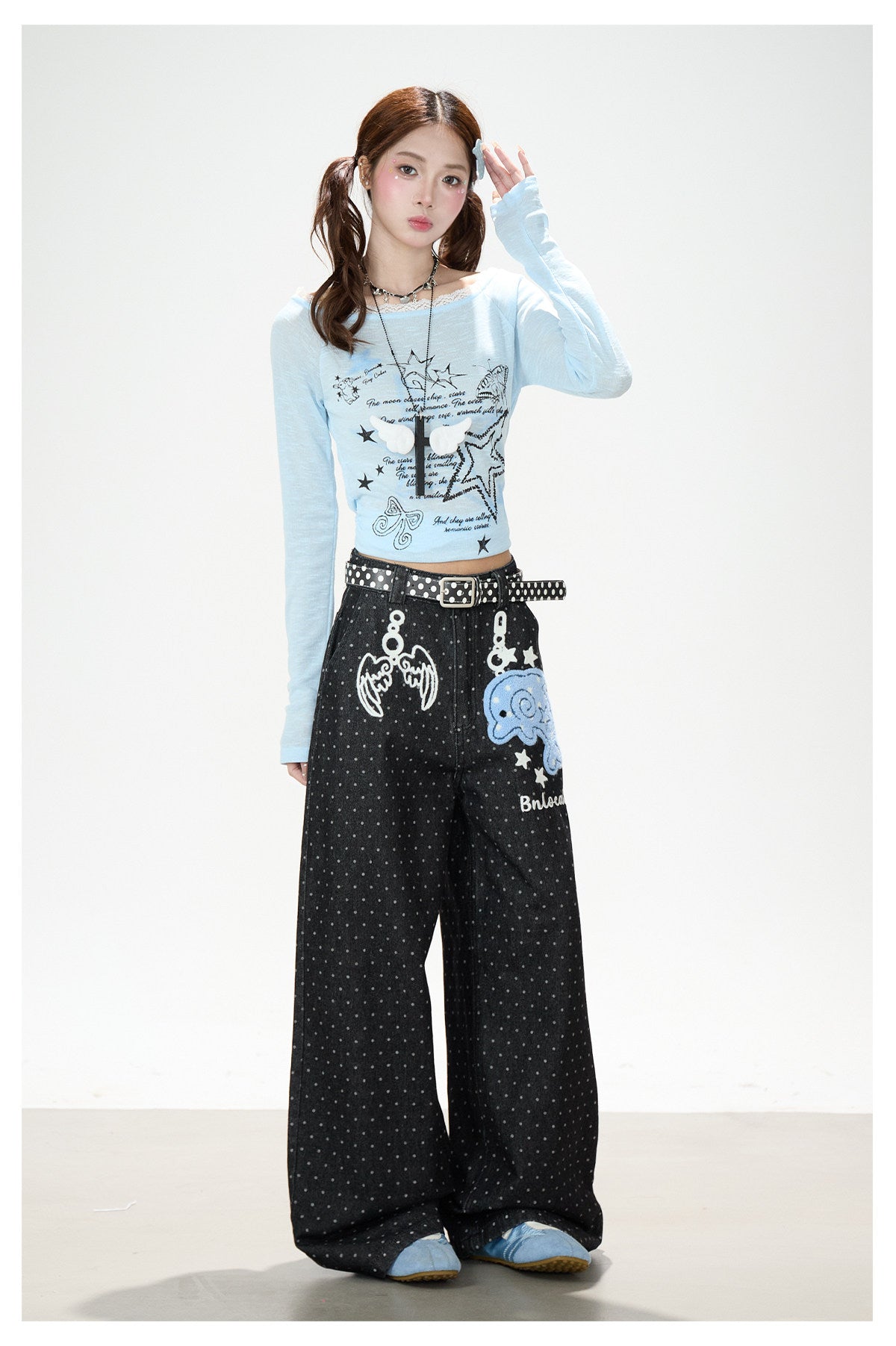 Dolphin Embroidered Polka Dot Wide-Leg Jeans