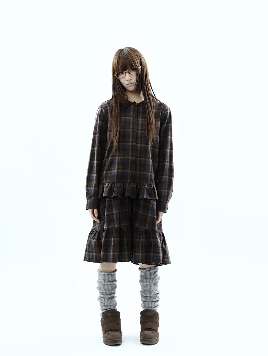 Plaid Ruffle-Hem Long Sleeve Shirt Dress