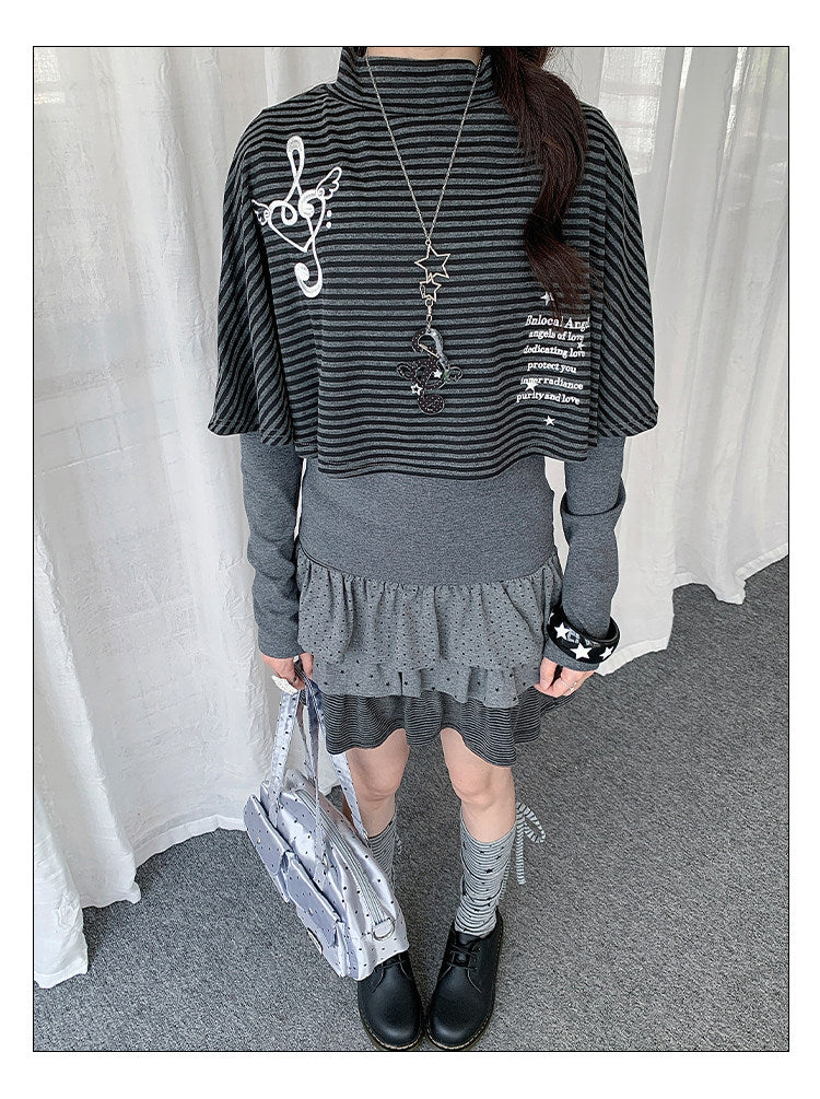 Music Note Striped Cape-Layered Long Sleeve Top