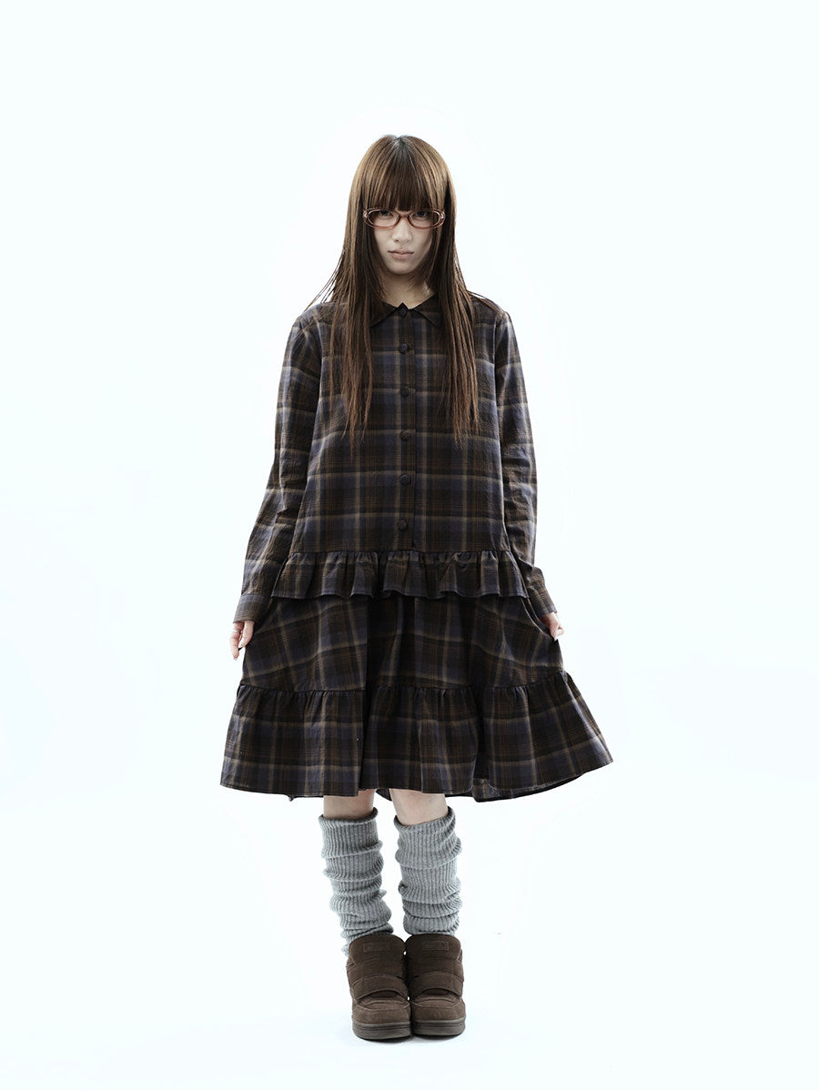 Plaid Ruffle-Hem Long Sleeve Shirt Dress