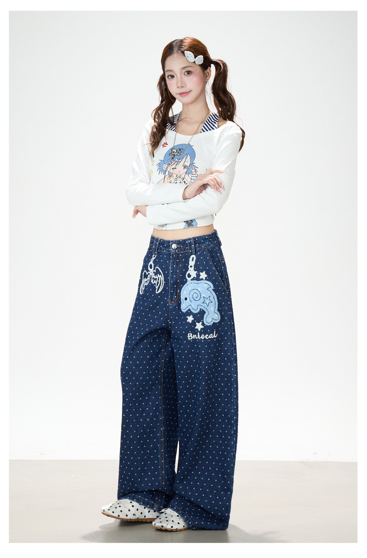 Dolphin Embroidered Polka Dot Wide-Leg Jeans