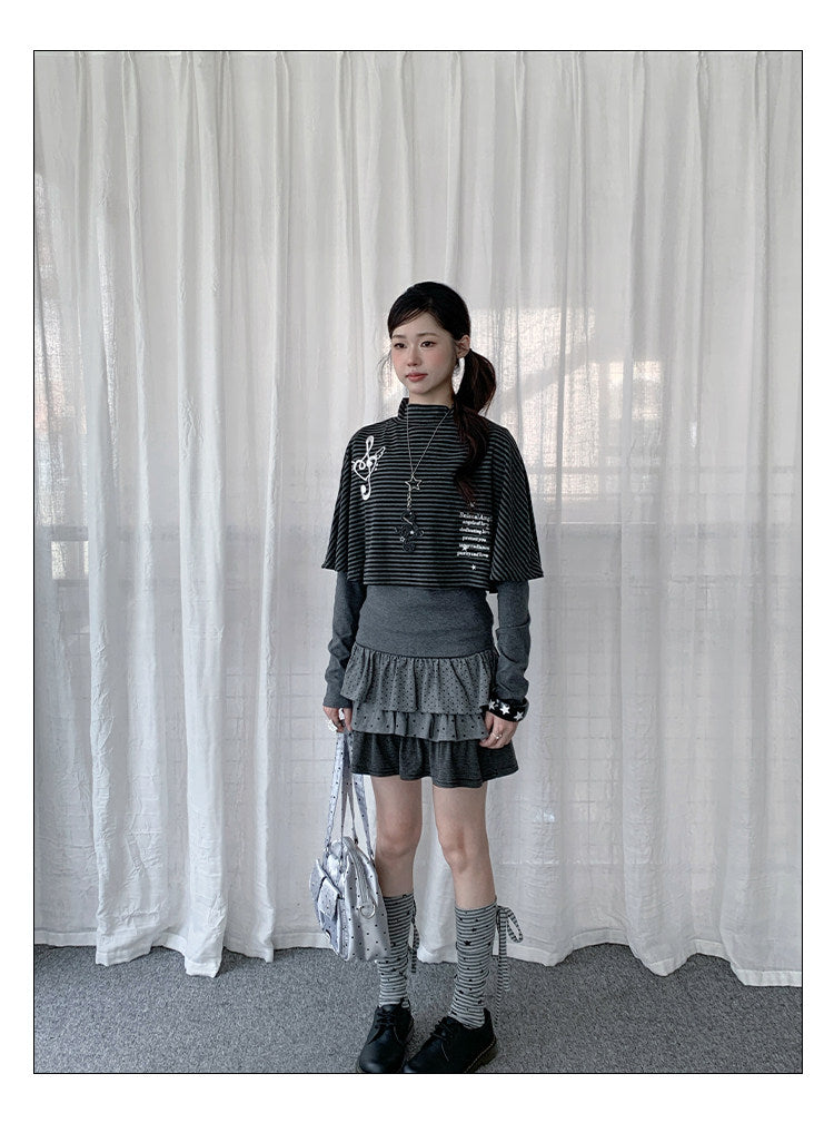 Music Note Striped Cape-Layered Long Sleeve Top