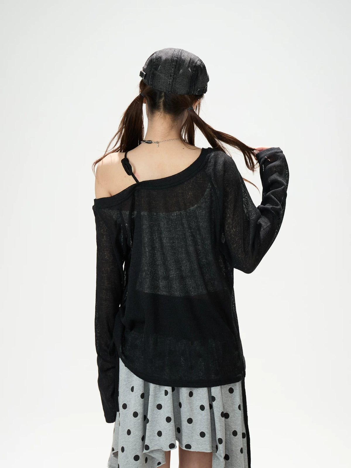 Dark Graffiti Off-Shoulder Long Sleeve Top & Asymmetric Polka-Dot Mini Skirt
