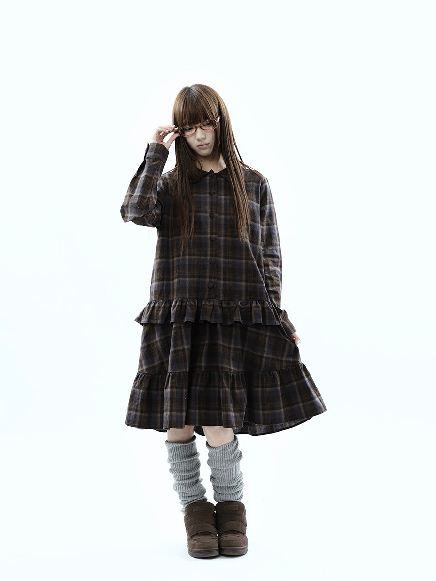 Plaid Ruffle-Hem Long Sleeve Shirt Dress
