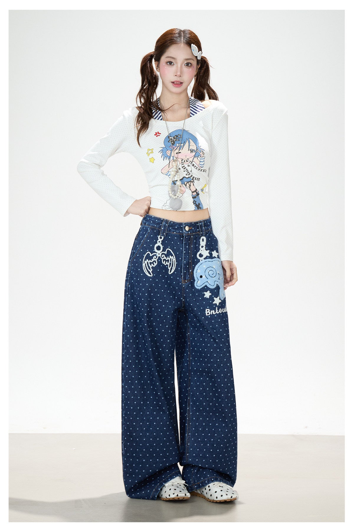 Dolphin Embroidered Polka Dot Wide-Leg Jeans