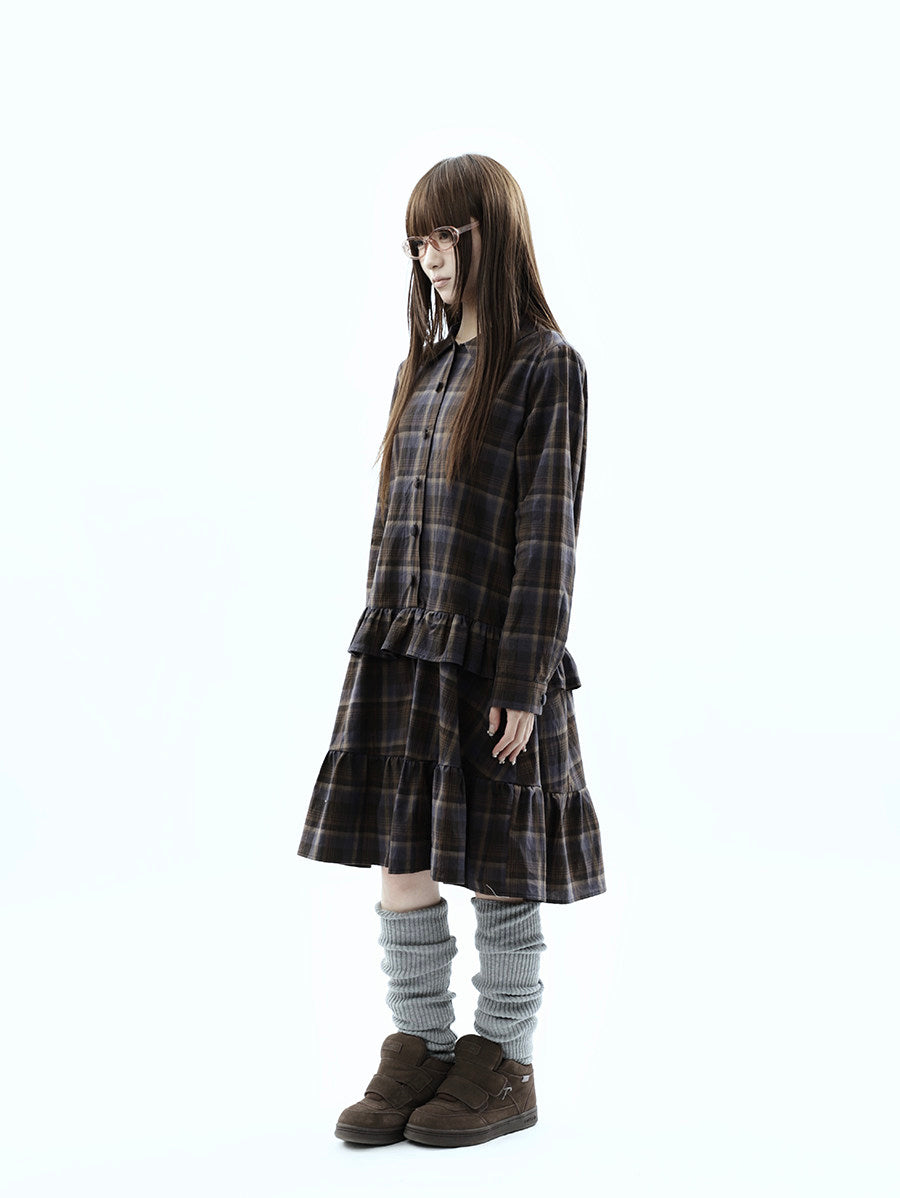 Plaid Ruffle-Hem Long Sleeve Shirt Dress