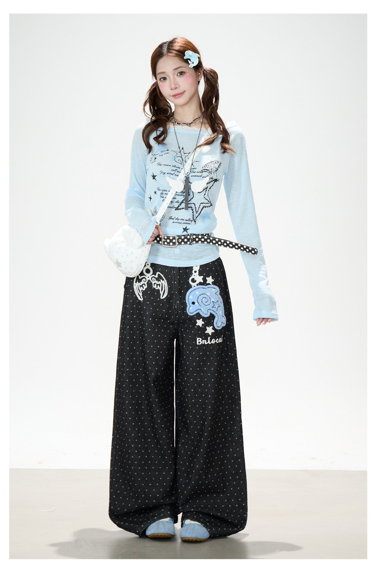 Dolphin Embroidered Polka Dot Wide-Leg Jeans