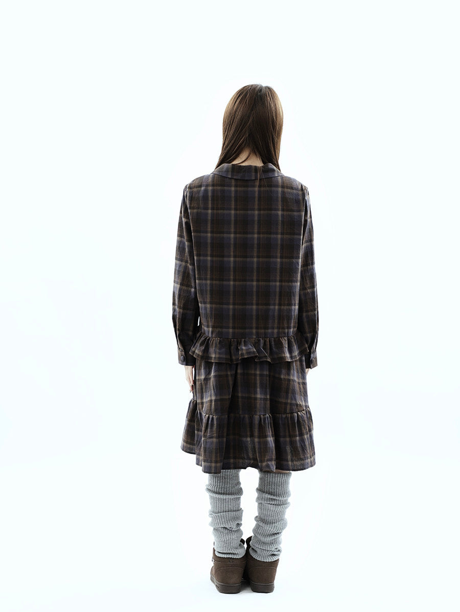Plaid Ruffle-Hem Long Sleeve Shirt Dress