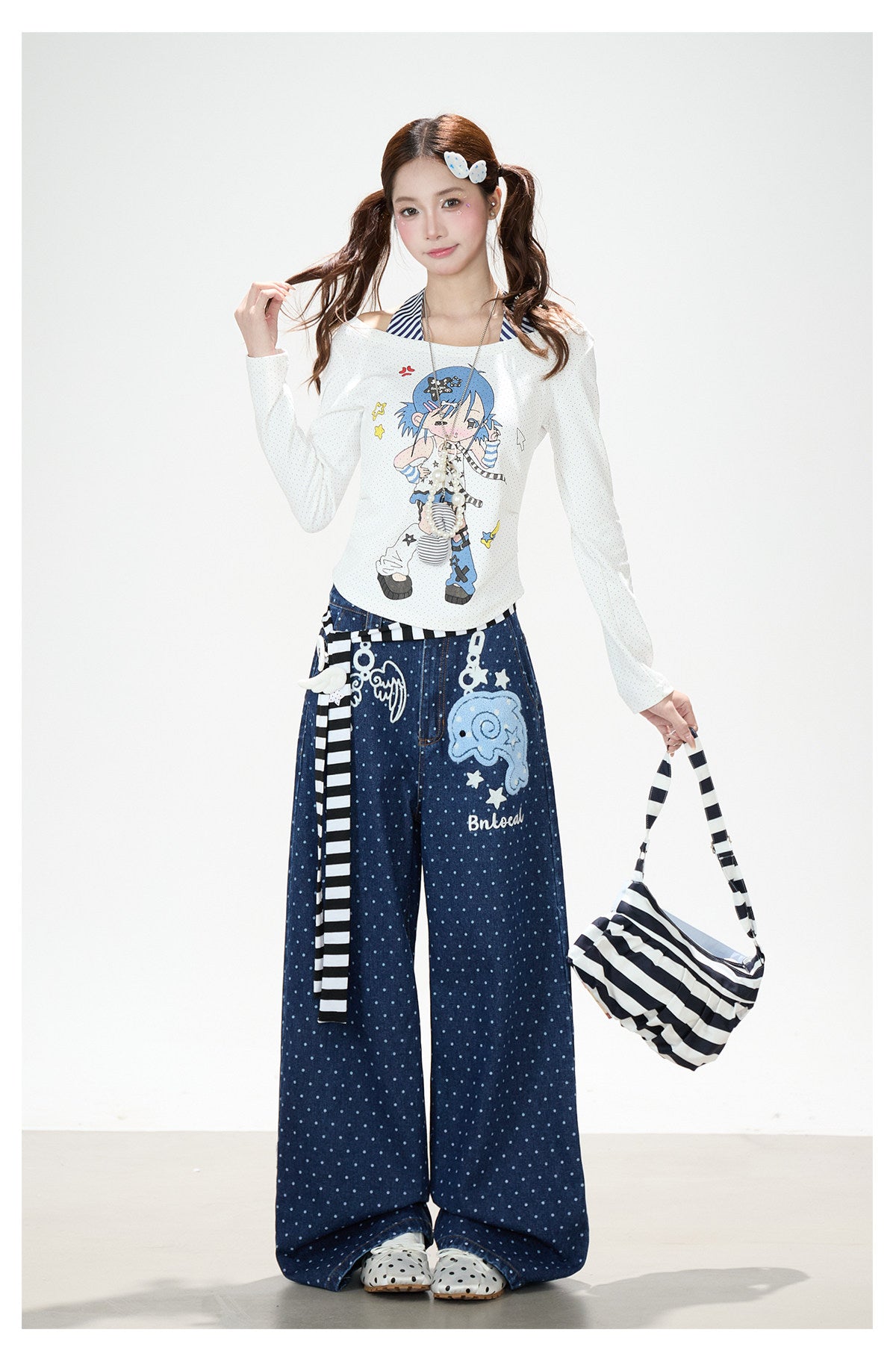 Dolphin Embroidered Polka Dot Wide-Leg Jeans