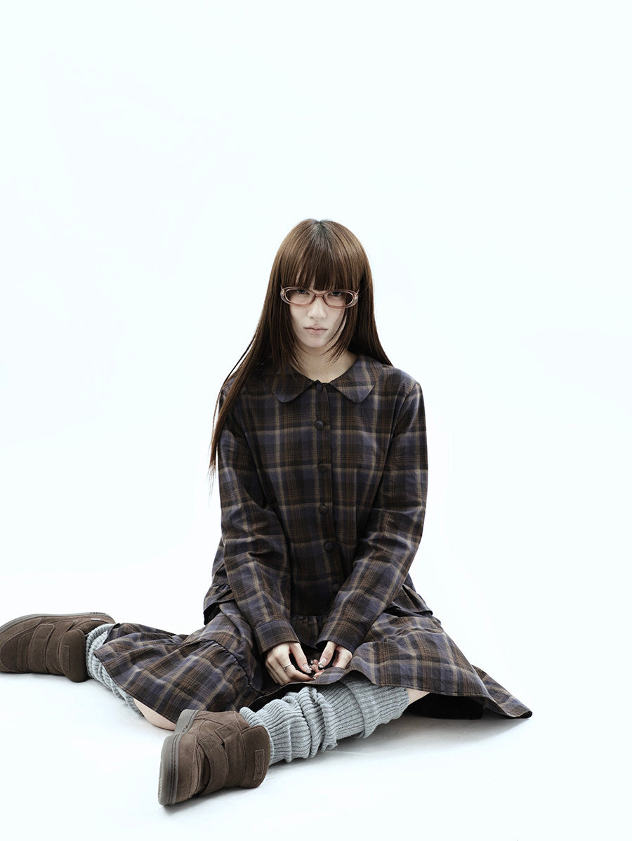 Plaid Ruffle-Hem Long Sleeve Shirt Dress