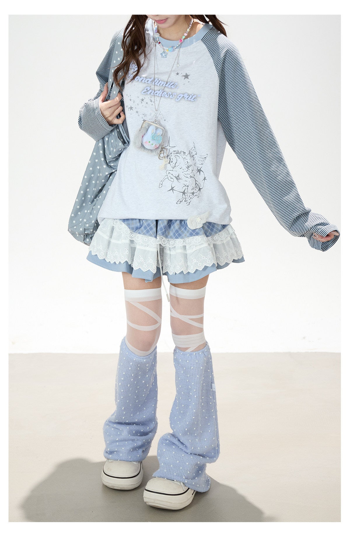 Striped Raglan Angel Graphic Long Sleeve Tee & Blue Plaid Lace Ruffle Skirt
