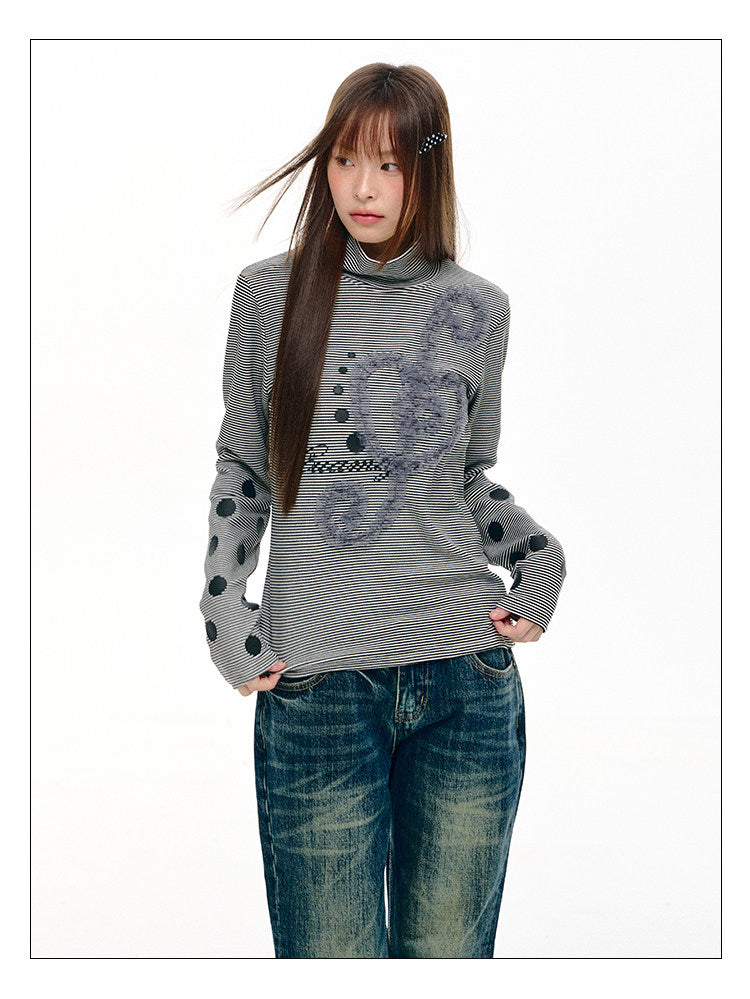 Lace Music Note Appliqué Mock Neck Long Sleeve Top