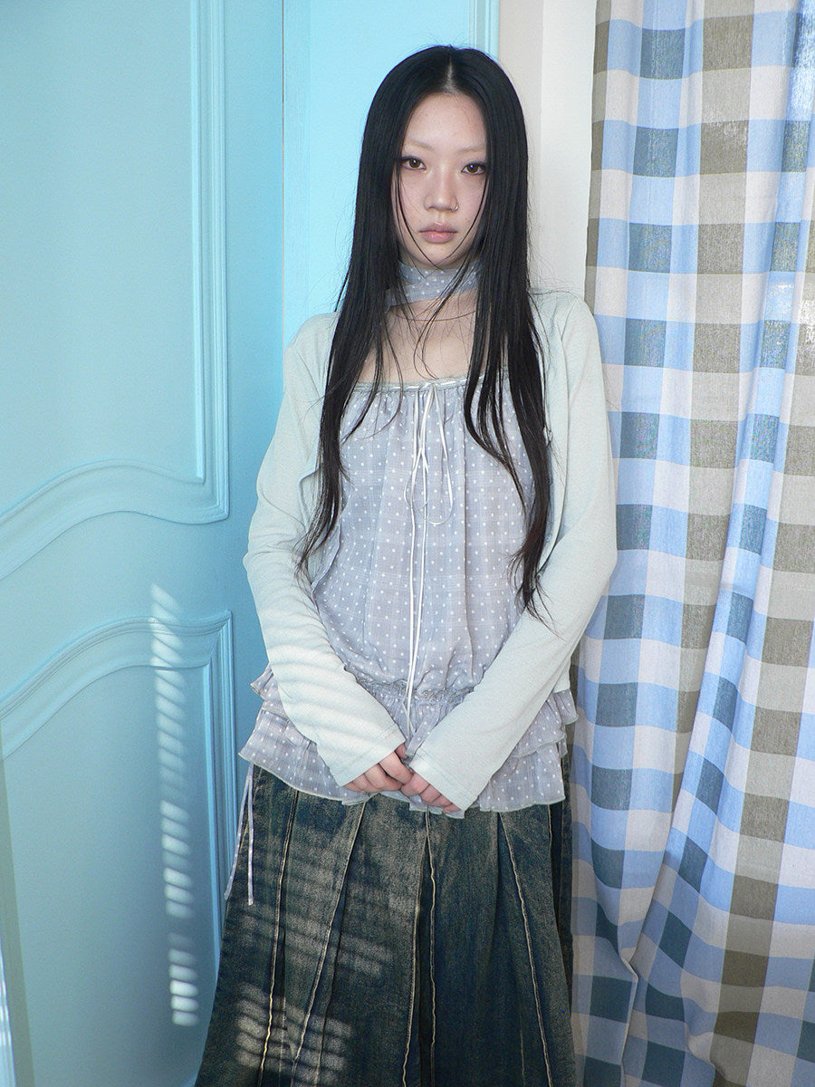 Polka Dot Ruffle Camisole & Cardigan Set with Scarf