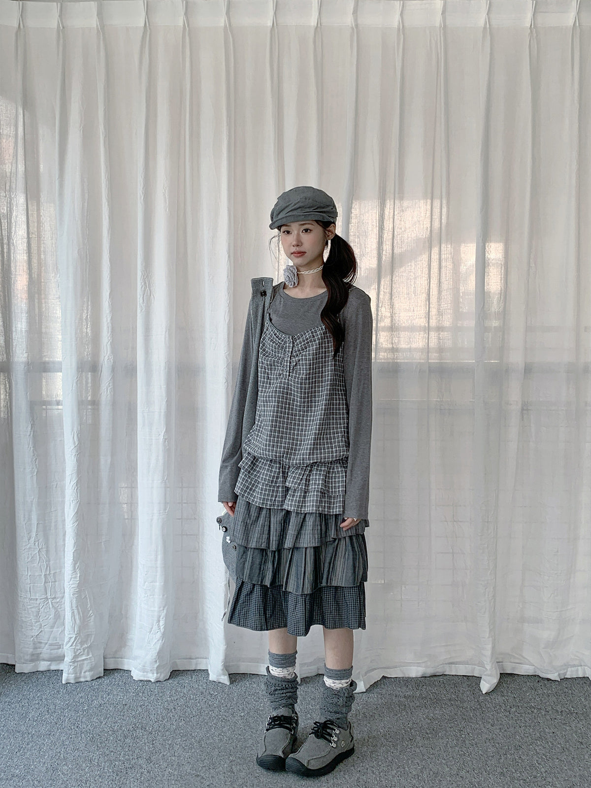 Gray Plaid Cami & Long Sleeve Layered Top Set