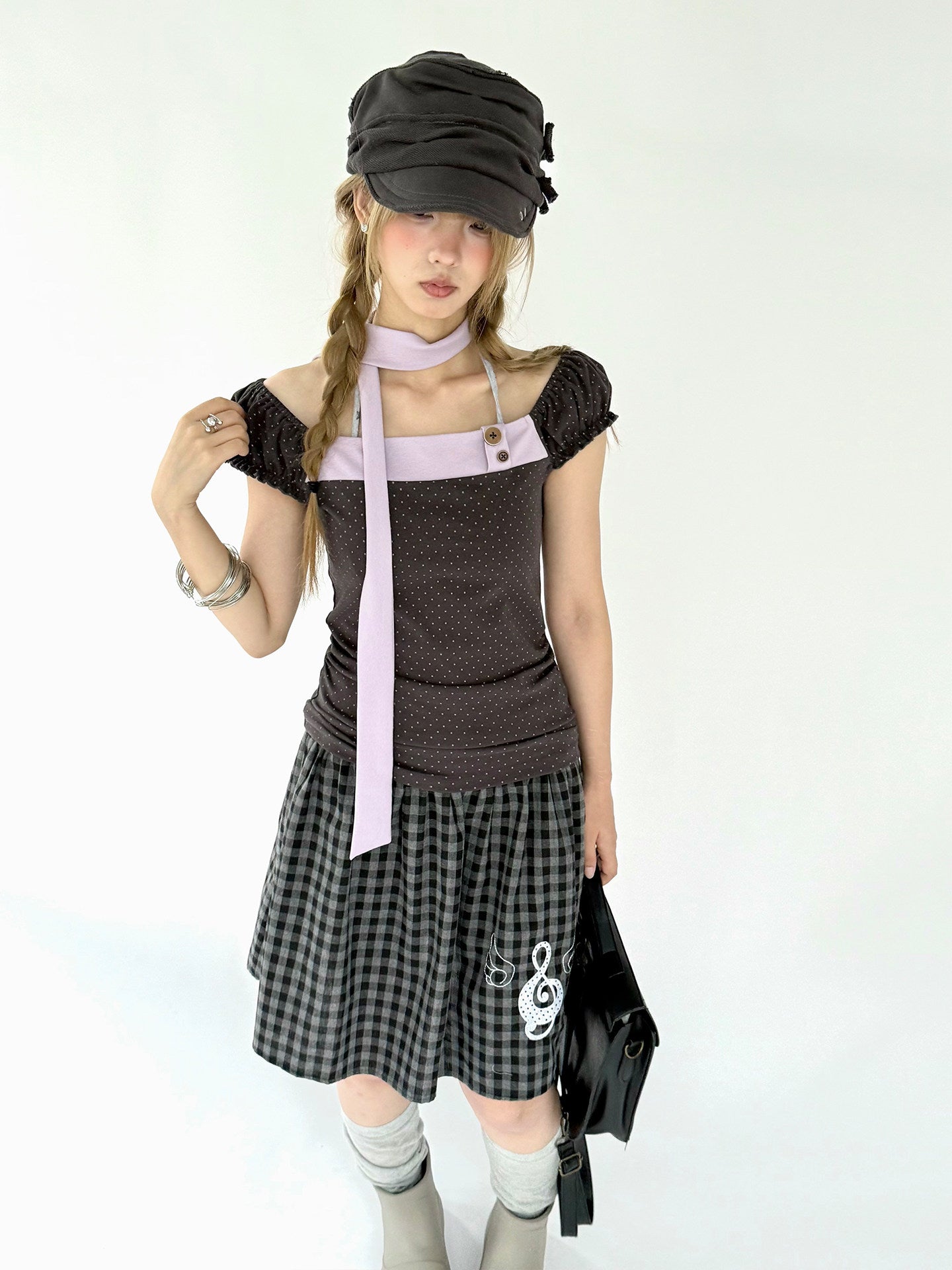Lavender Bow Polka Dot Fitted Puff-Sleeve Top
