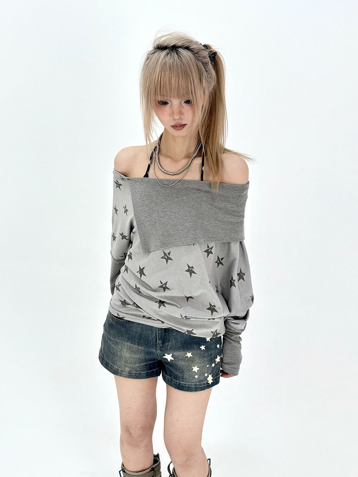 Star Print Washed Low-Rise Denim Shorts