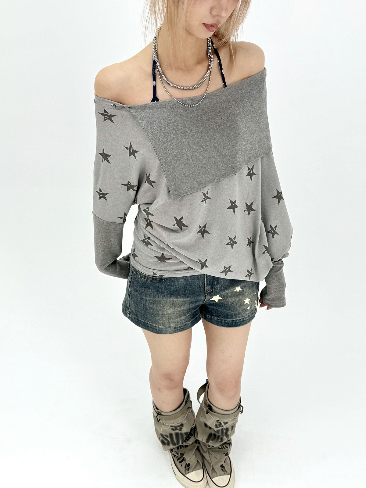 Star Print Draped Off-Shoulder Long Sleeve Top
